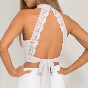 Showpo lace you up top in gray backless halter y2k street style date night